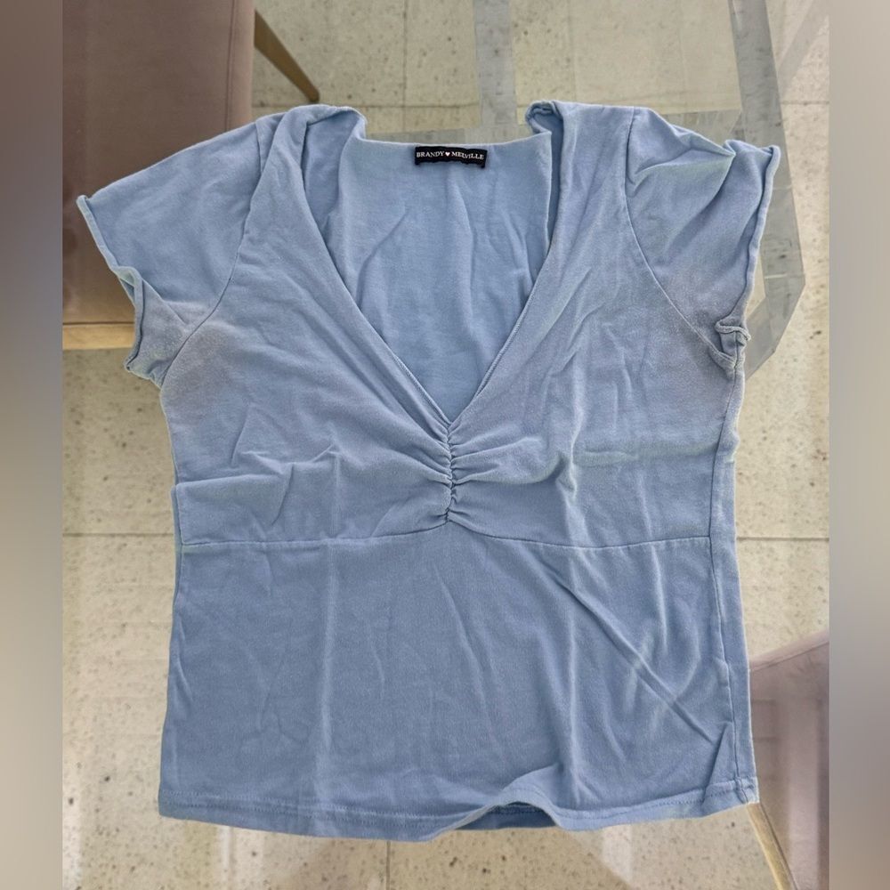 Brandy Melville Blue Ruched V-neck Tee